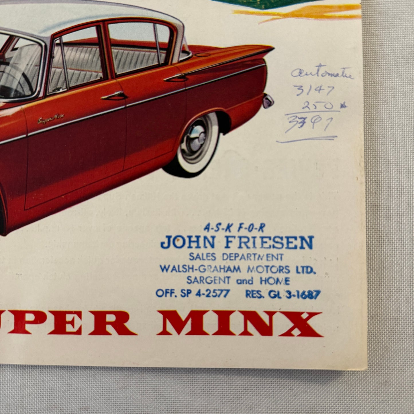 Hillman Super Minx Car Sales Brochure Catalog Advertising Vintage