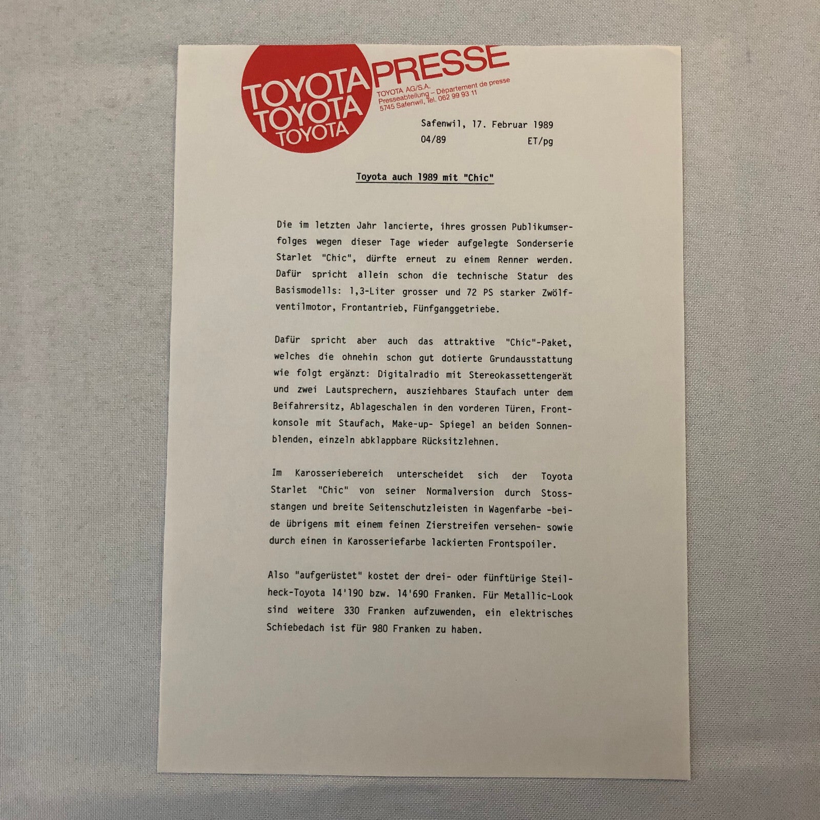 1989 Toyota Press Kit German Brochure Starlet Supra Carina Corolla Photos