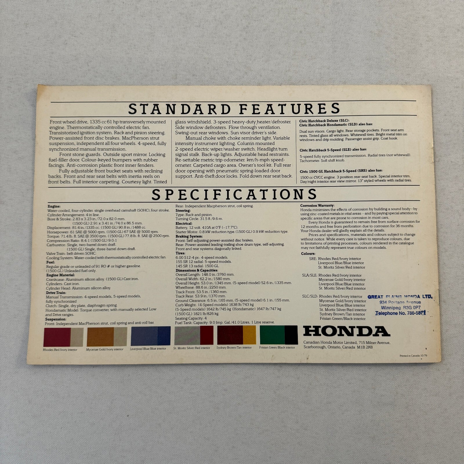 Honda Civic Hatchback and 1500 GL Car Sales Brochure Catalog Canadian 1979 1980