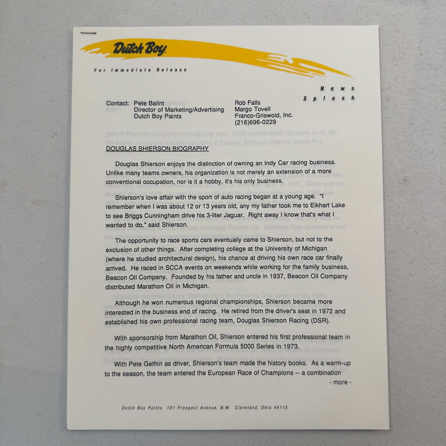 Arie Luyendyk 1990 Dutch Boy Paint CART Indy Racing Press Kit Brochure Photo