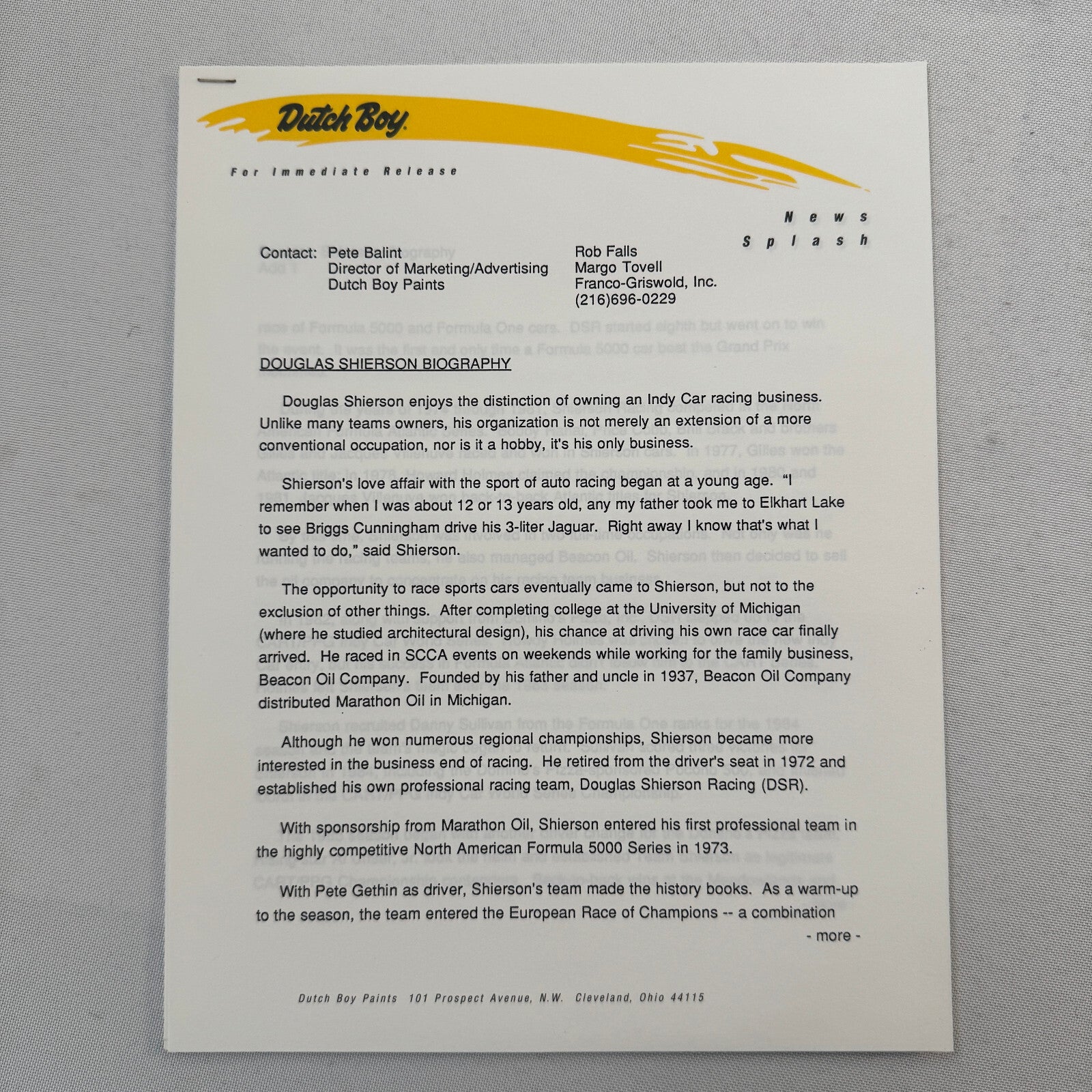 Arie Luyendyk 1990 Dutch Boy Paint CART Indy Racing Press Kit Brochure Photo