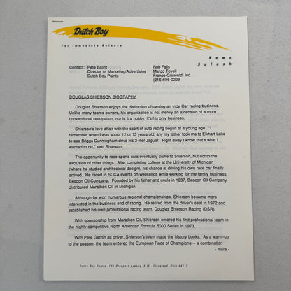 Arie Luyendyk 1990 Dutch Boy Paint CART Indy Racing Press Kit Brochure Photo
