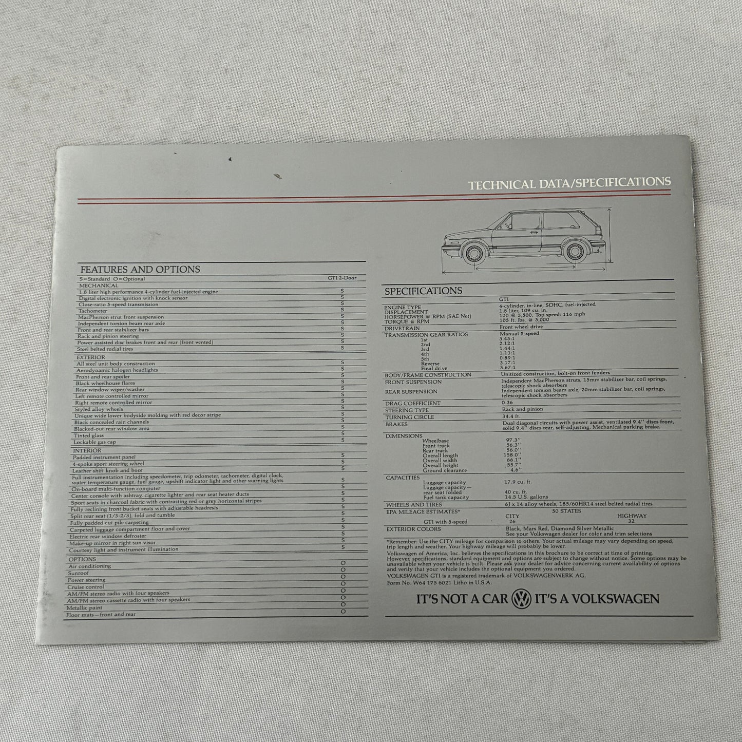 1985 Volkswagen Golf GTI Car Sales Brochure Catalog Advertising