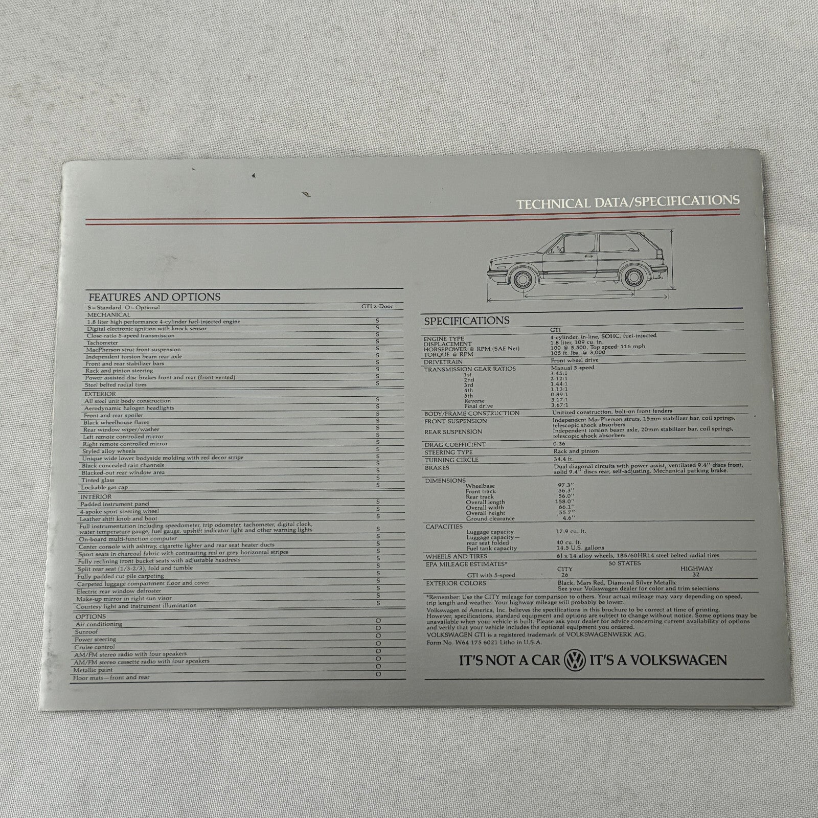 1985 Volkswagen Golf GTI Car Sales Brochure Catalog Advertising