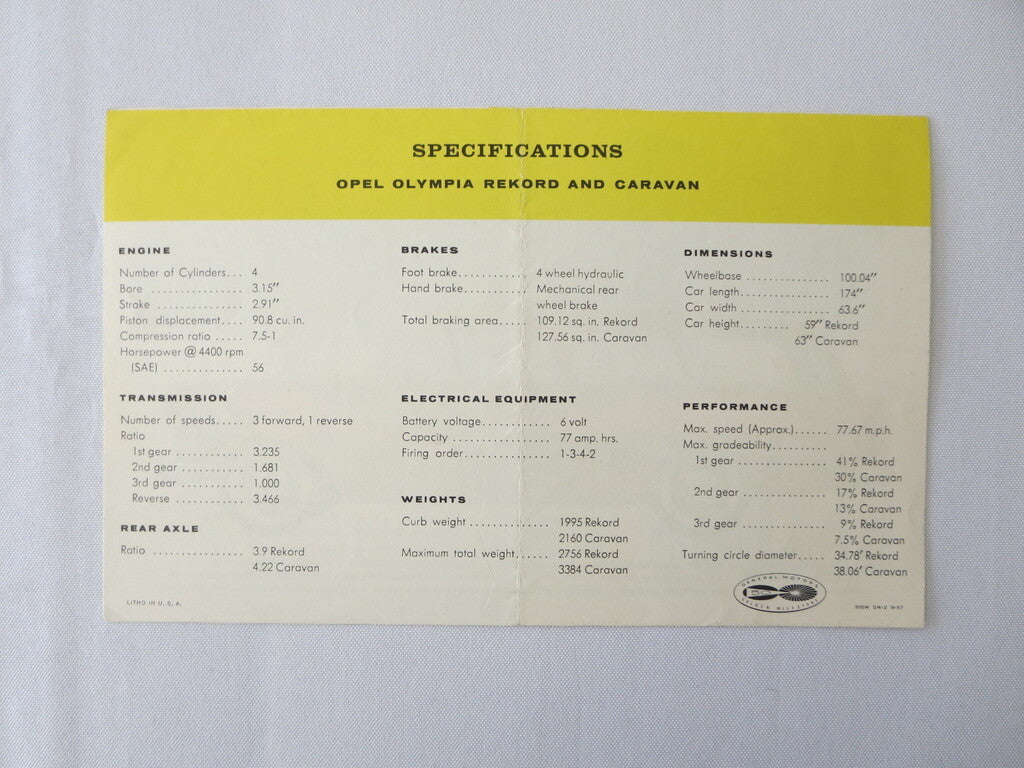 Vintage Opel Olympia Rekord and Caravan Sales Brochure - Car Advertising 