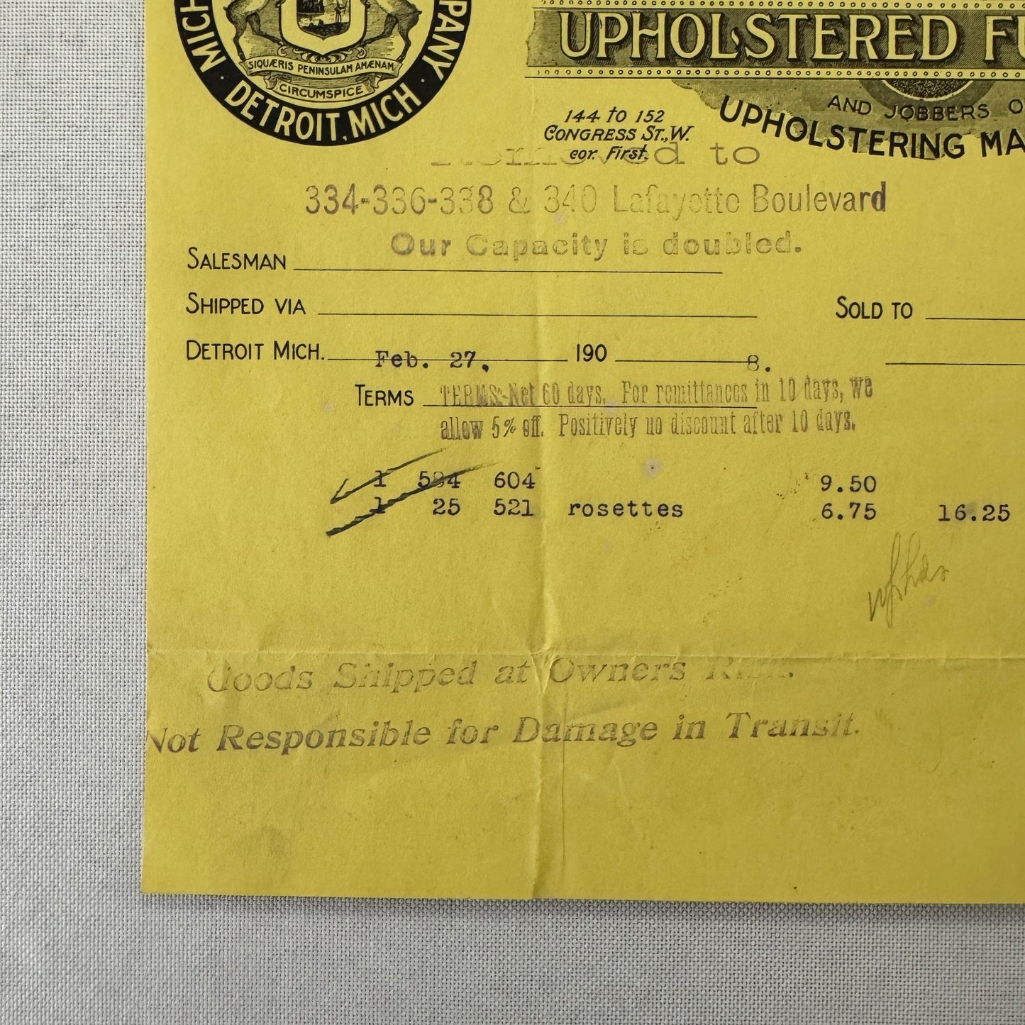 Michigan Upholstering Company Detroit 1908 Receipt Invoice Document Letterhead