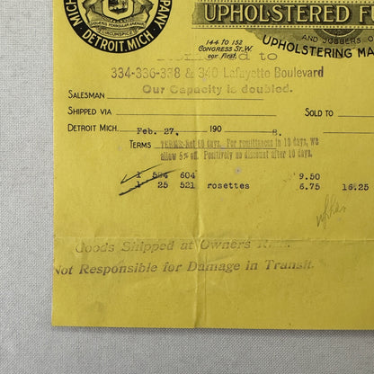 Michigan Upholstering Company Detroit 1908 Receipt Invoice Document Letterhead
