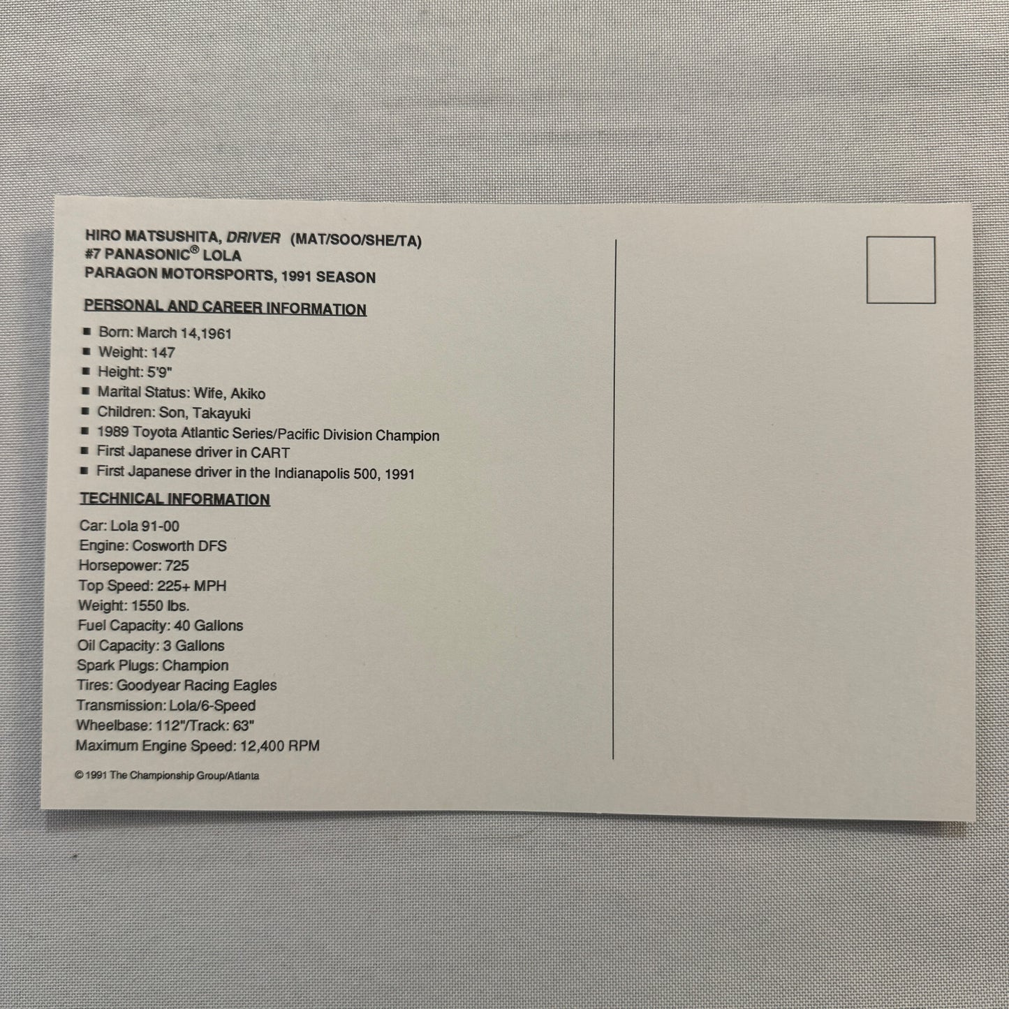 Hiro Matsushita CART Indy Car Racing Driver Press Kit Panasonic Team 1991