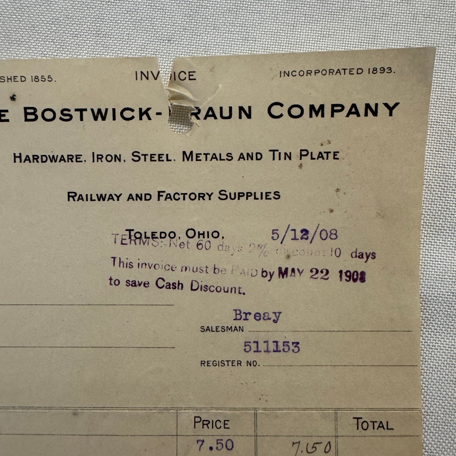 Bostwick Braun Company Document 1908 Antique Invoice Receipt Ephemera Toledo OH