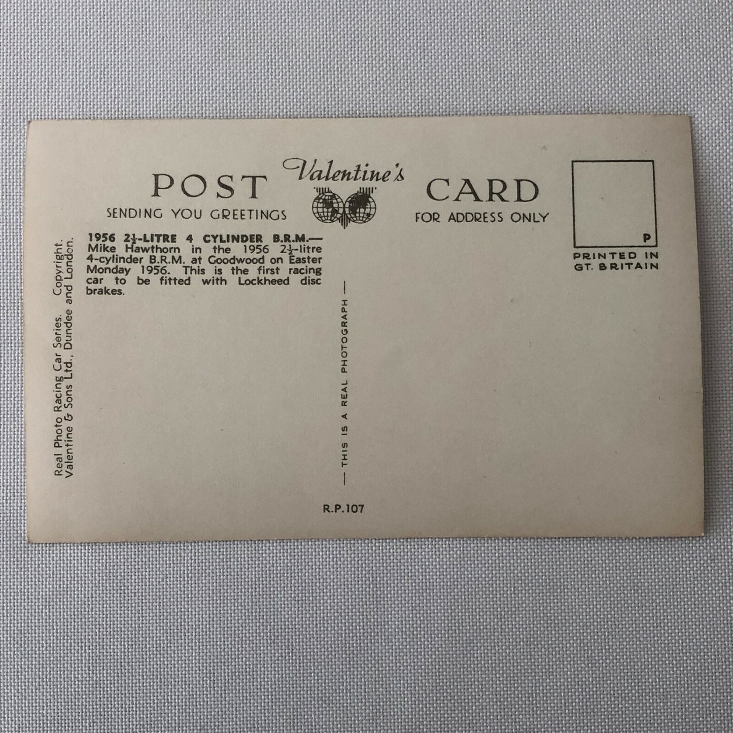 Vintage BRM 1956 Racing Photo Photograph Postcard RPPC Mike Hawthorn 