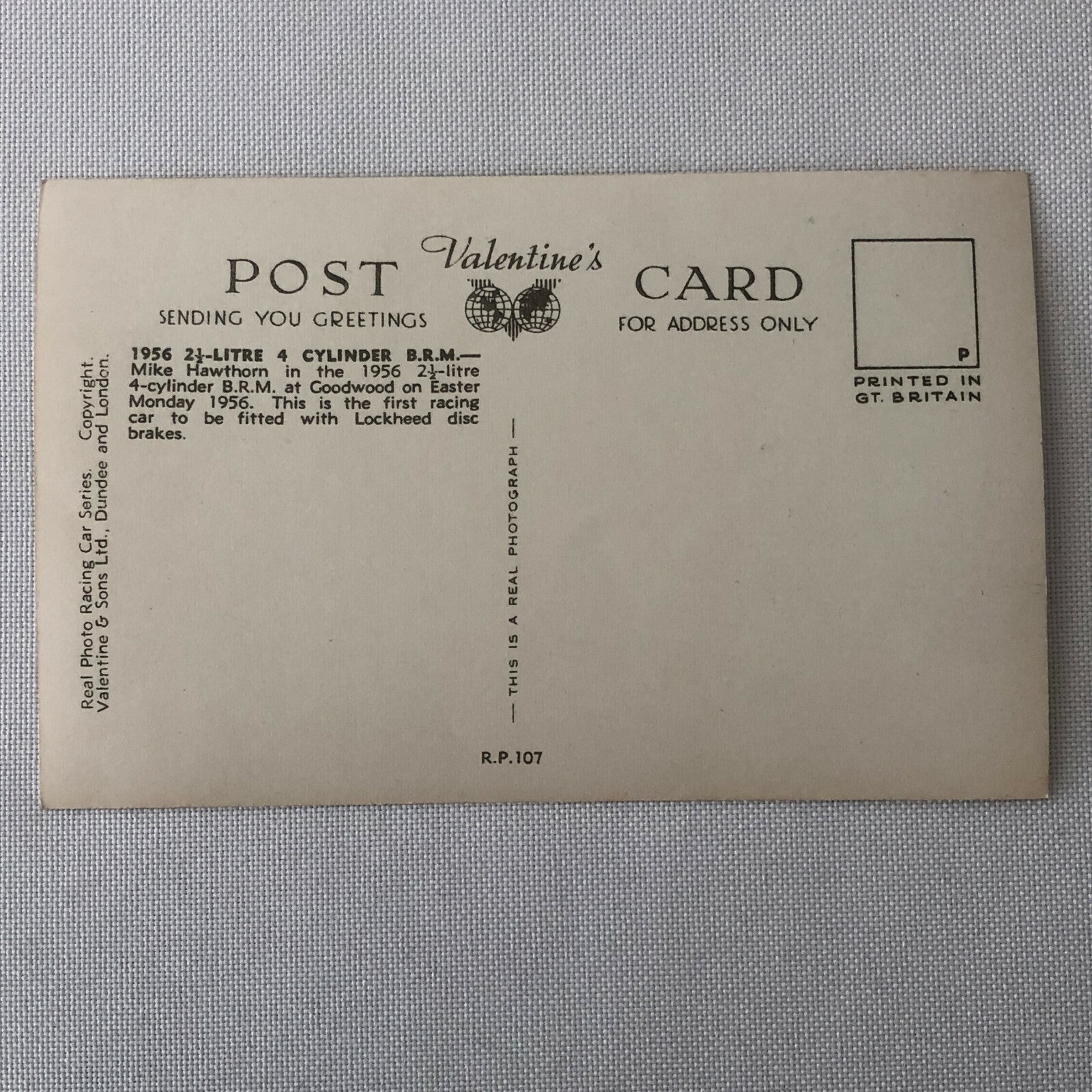 Vintage BRM 1956 Racing Photo Photograph Postcard RPPC Mike Hawthorn 