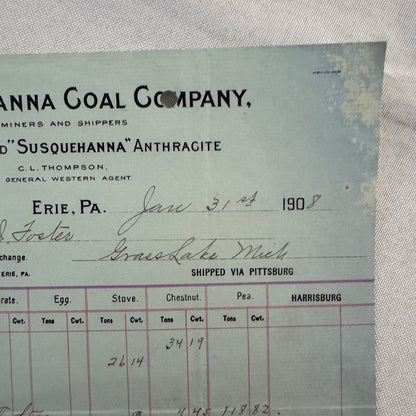 1908 Susquehanna Coal Company Invoice Receipt Document Lot 6x Erie Pennsylvania