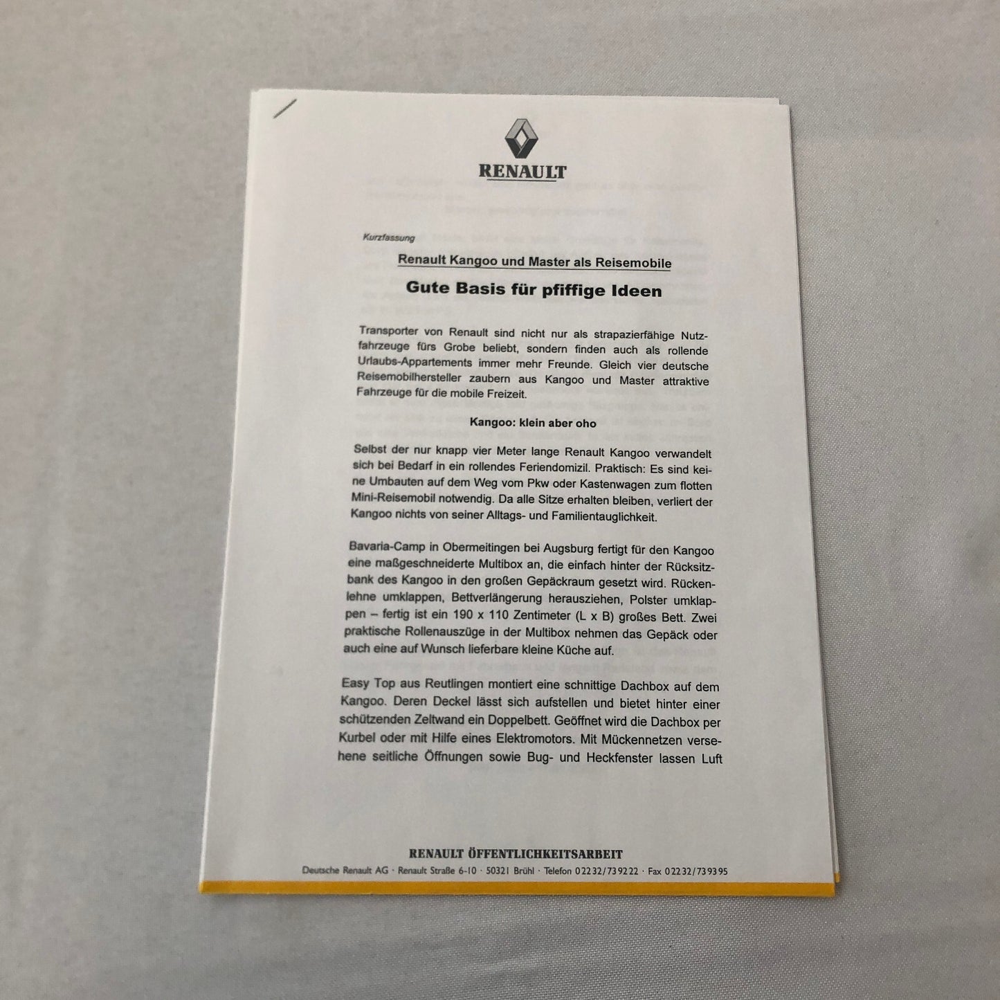 Renault Kangoo Camper Motor Home Press Kit Brochure Photos GERMAN Text