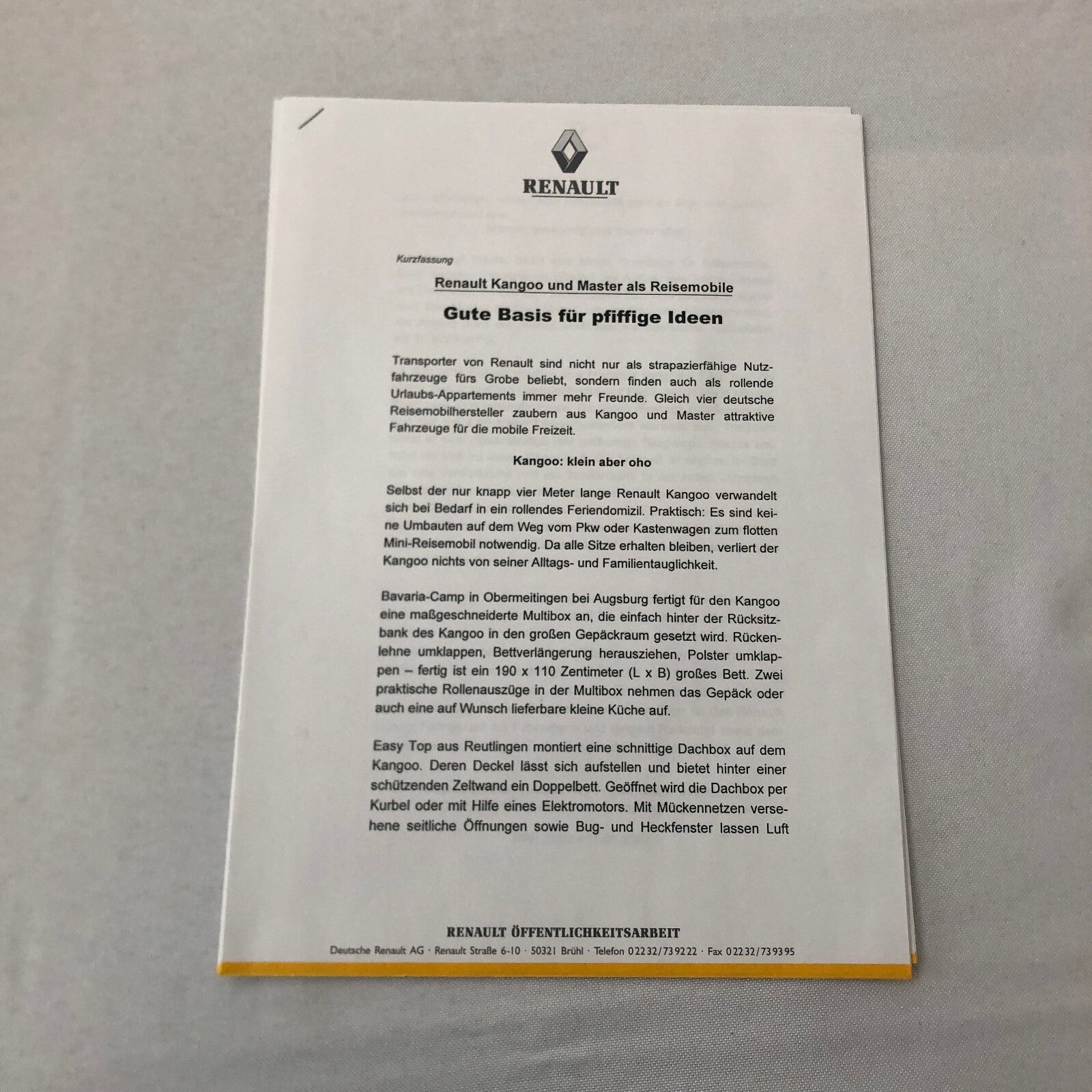 Renault Kangoo Camper Motor Home Press Kit Brochure Photos GERMAN Text