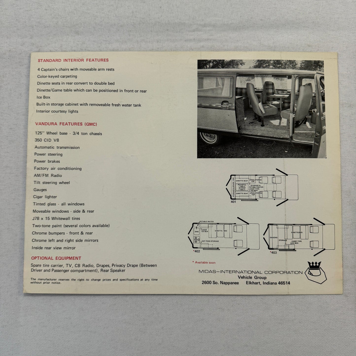 GMC Midas Conversion Van Sales Brochure Catalog