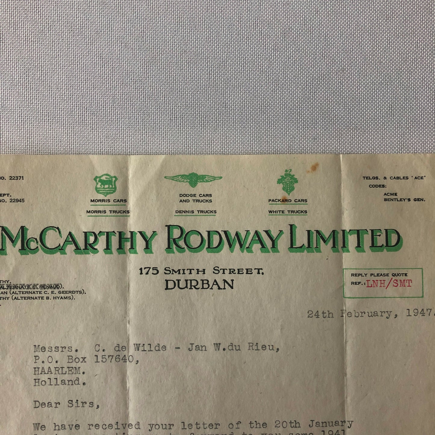 1947 Morris Dodge & Packard Car and Truck Dealership Letter Letterhead Document 