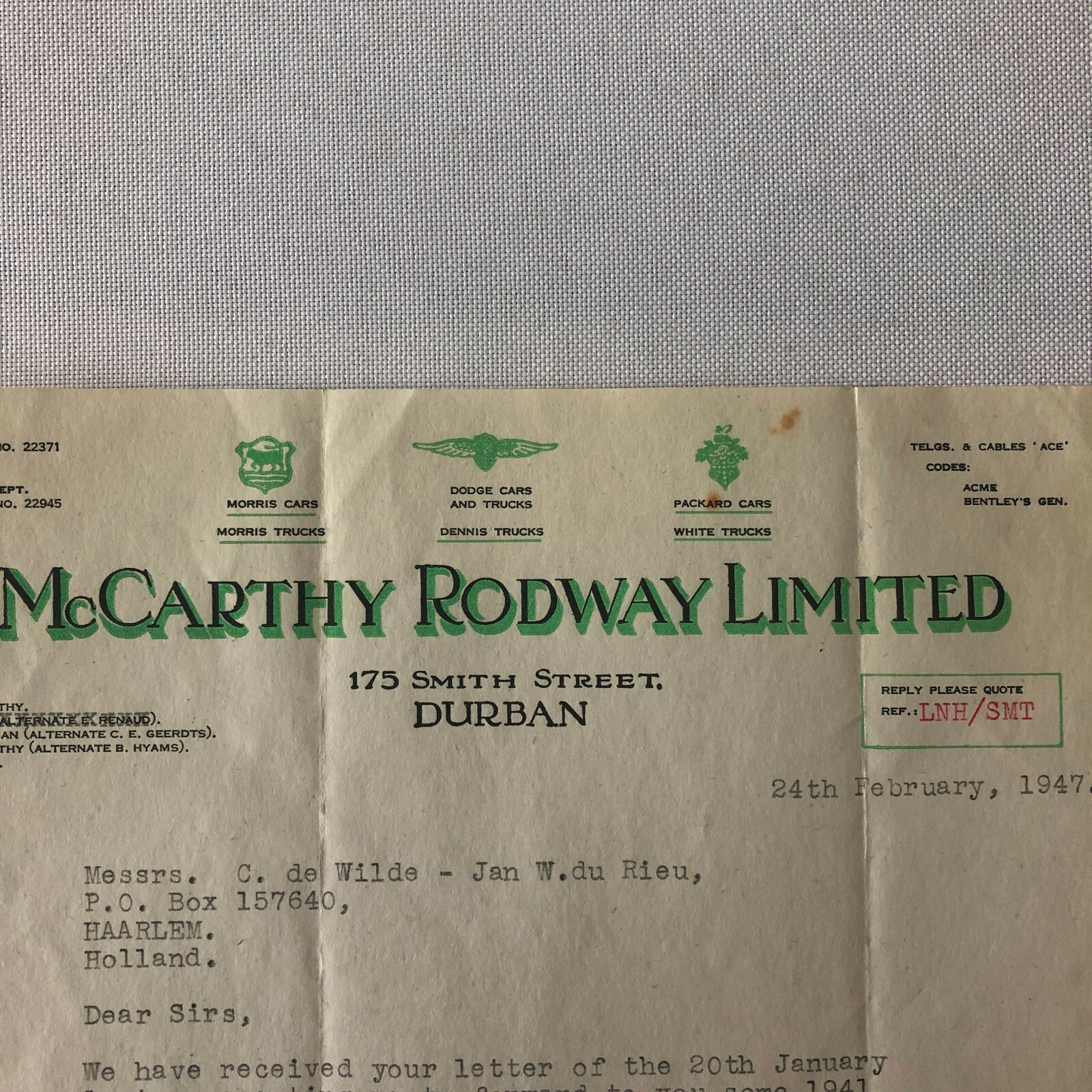 1947 Morris Dodge & Packard Car and Truck Dealership Letter Letterhead Document 