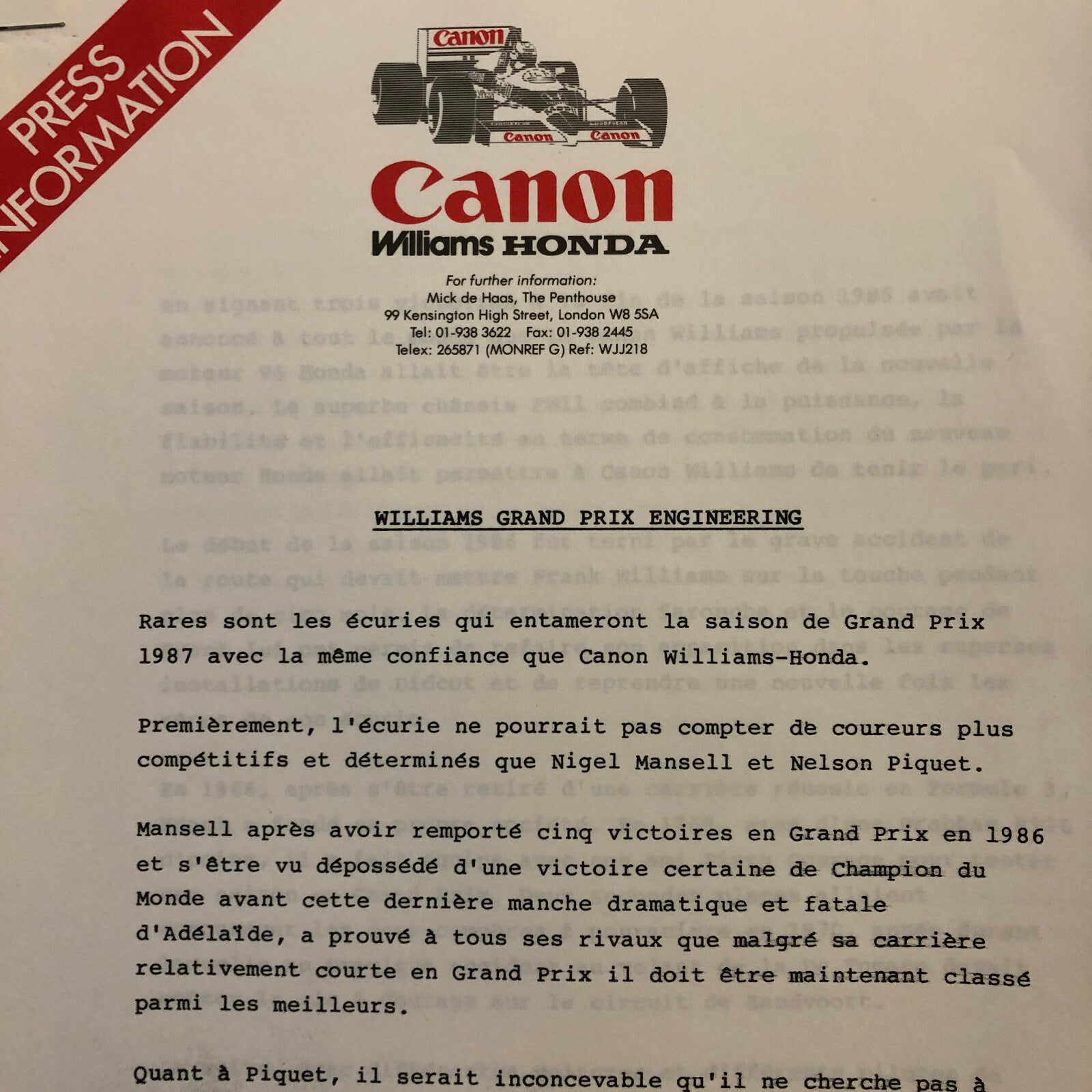 1987 Honda Williams F1 Racing Press Release Lot Nelson Piquet Mansell FRENCH