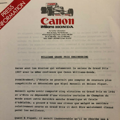1987 Honda Williams F1 Racing Press Release Lot Nelson Piquet Mansell FRENCH