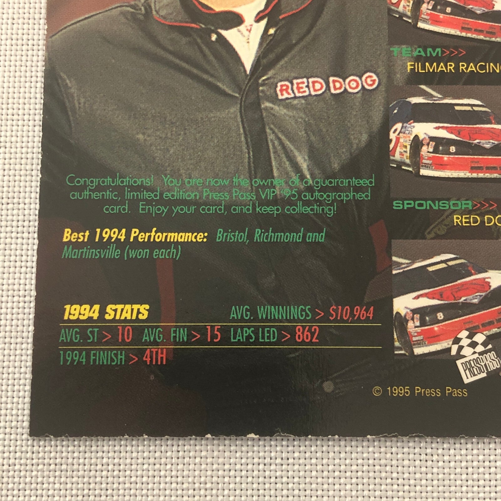 1995 Press Pass Kenny Wallace Auto Autograph Signature Signed Card NASCAR