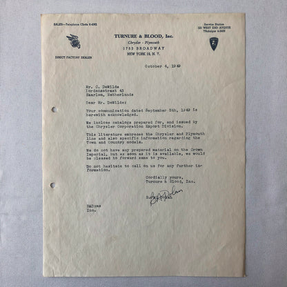1949 Chrysler Plymouth Dealership Letter Turnure & Blood New York Letterhead