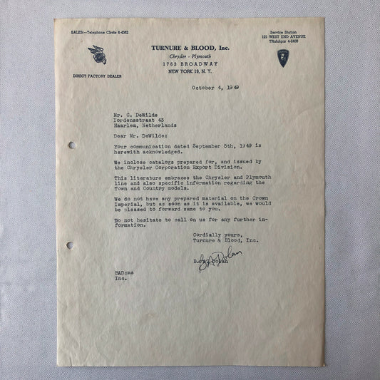 1949 Chrysler Plymouth Dealership Letter Turnure & Blood New York Letterhead