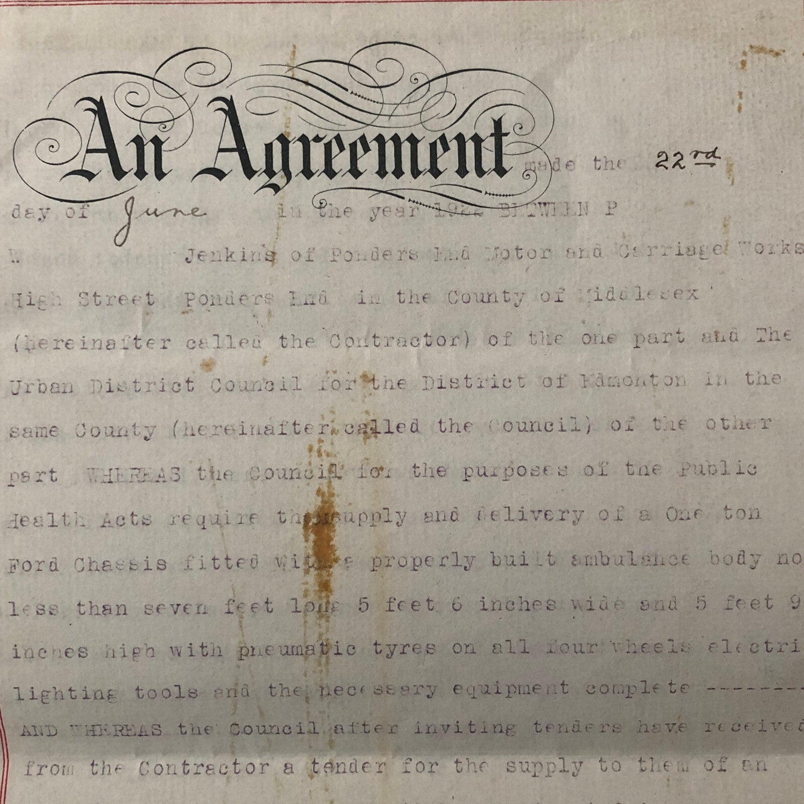 1922 Government Contract for Infectious Disease Ambulance Edmonton London UK