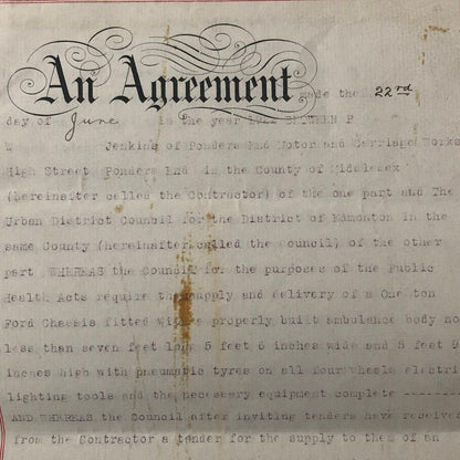 1922 Government Contract for Infectious Disease Ambulance Edmonton London UK