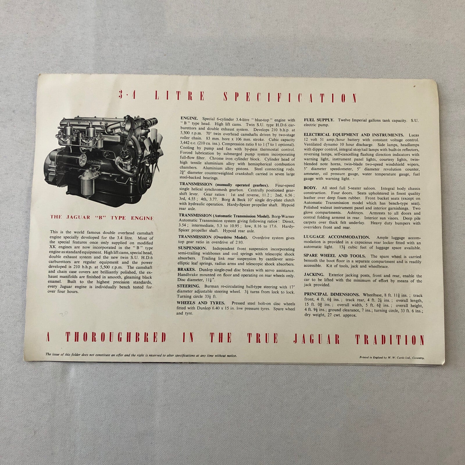 Vintage Jaguar 3.4 Litre Car Automobile Sales Brochure Catalog Folder