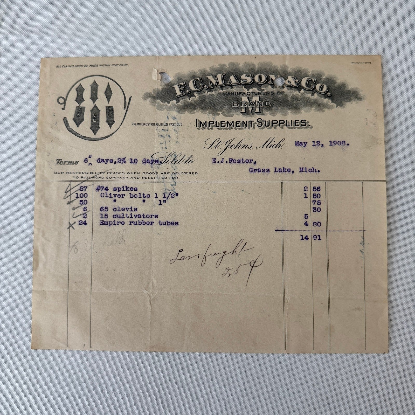 FC Mason Company M Brand Implement Invoice Receipt Document Letterhead 1908 Lot