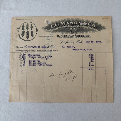 FC Mason Company M Brand Implement Invoice Receipt Document Letterhead 1908 Lot