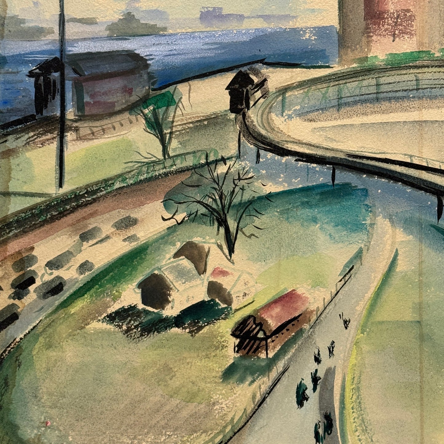 Vintage Painting Art Artwork Artist Arthur E Sudler Buildings Road Water