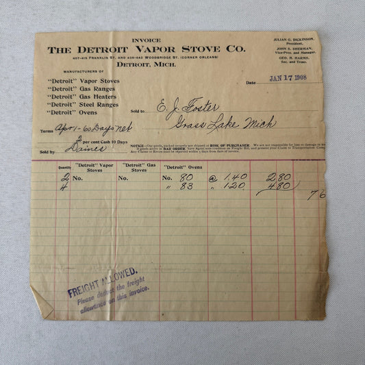 Detroit Vapor Stove Company Receipt Invoice Document 1908 Detroit Michigan