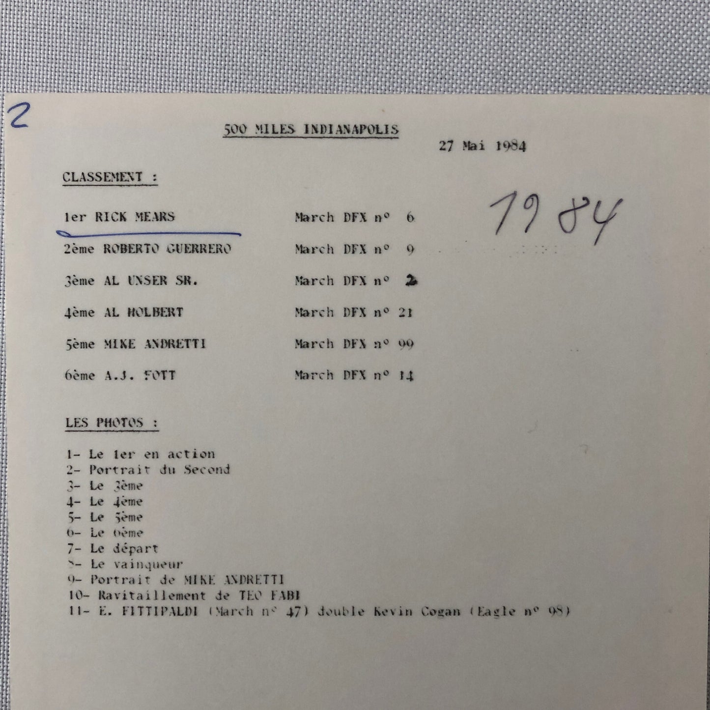 Vintage Indy Indianapolis Racing Photo Photograph Rick Mears 1984 DPPI