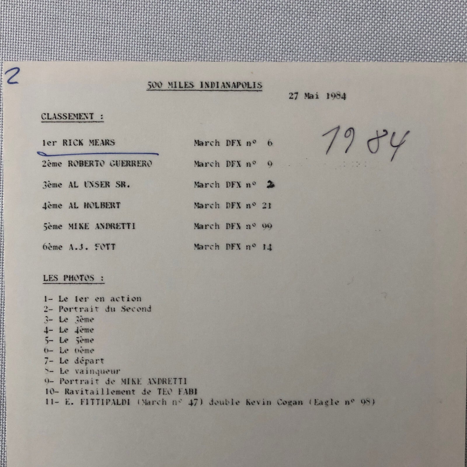 Vintage Indy Indianapolis Racing Photo Photograph Rick Mears 1984 DPPI