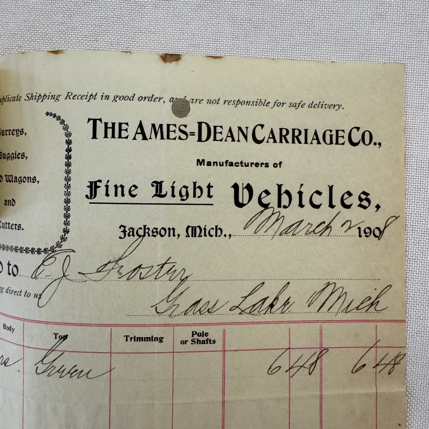 The Ames Dean Carriage Company Jackson Michigan 1908 Receipt Document Lot 2x
