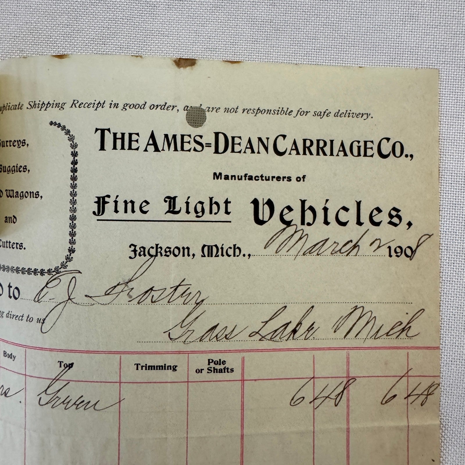 The Ames Dean Carriage Company Jackson Michigan 1908 Receipt Document Lot 2x