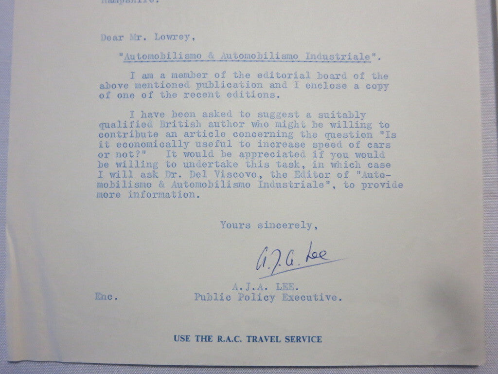 1964 Royal Automobile Club Letter Letterhead to Joseph Lowrey Journalist RAC 