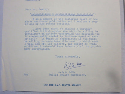 1964 Royal Automobile Club Letter Letterhead to Joseph Lowrey Journalist RAC 