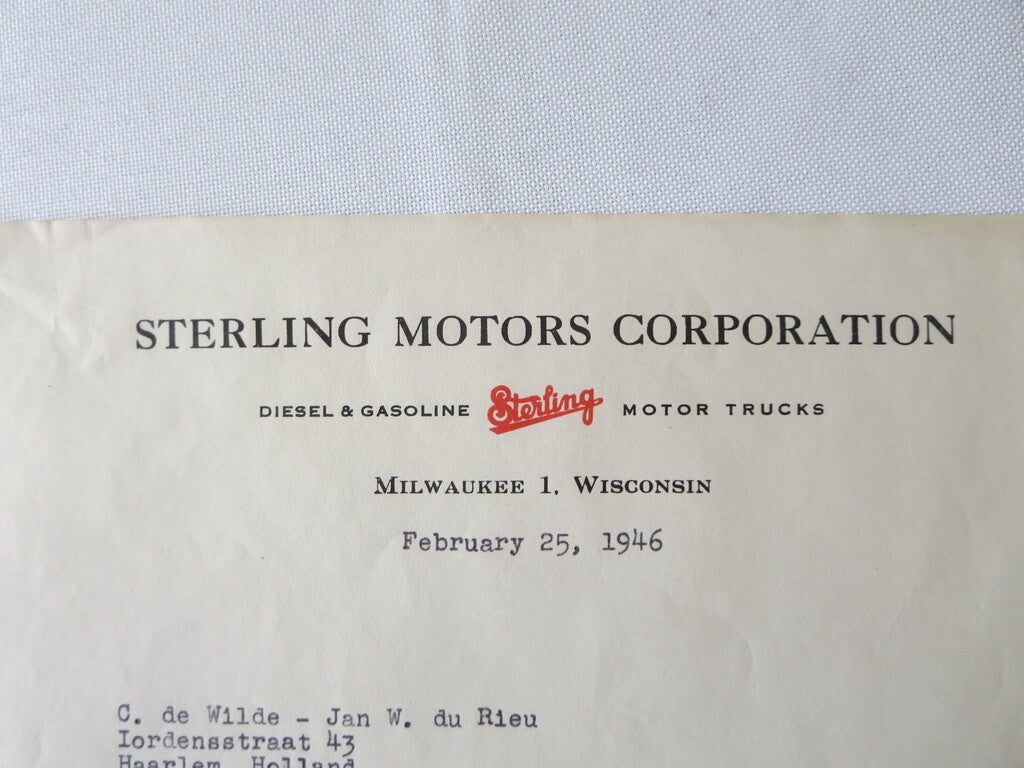 1946 Sterling Motor Truck Corporation Letter Letterhead Document 