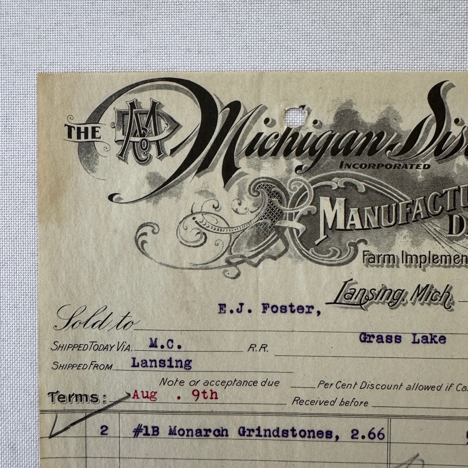 Michigan Distributing Company Farm Implements Carriages 1908 Document Lansing