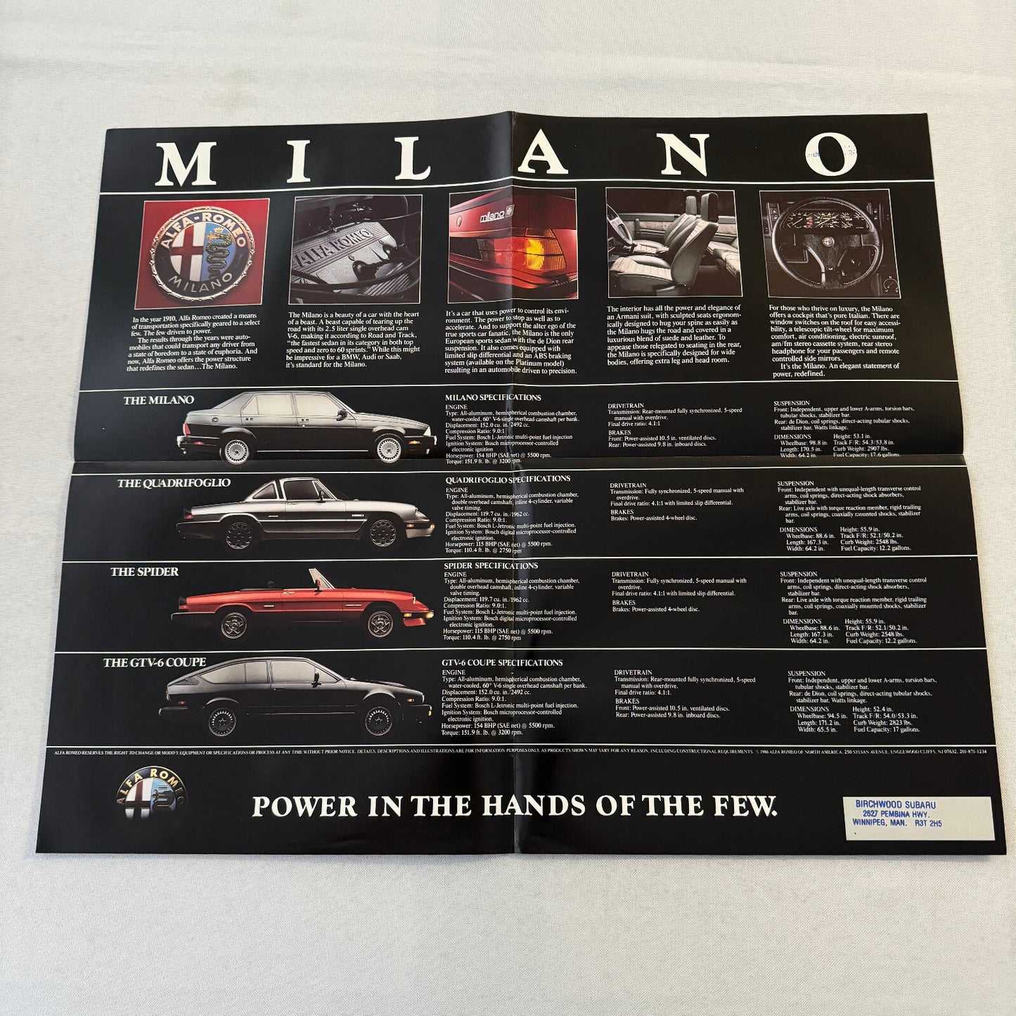 Alfa Romeo Car Sales Brochure Catalog Milano Quadrifoglio Spider GTV-6 GTV6 GTV