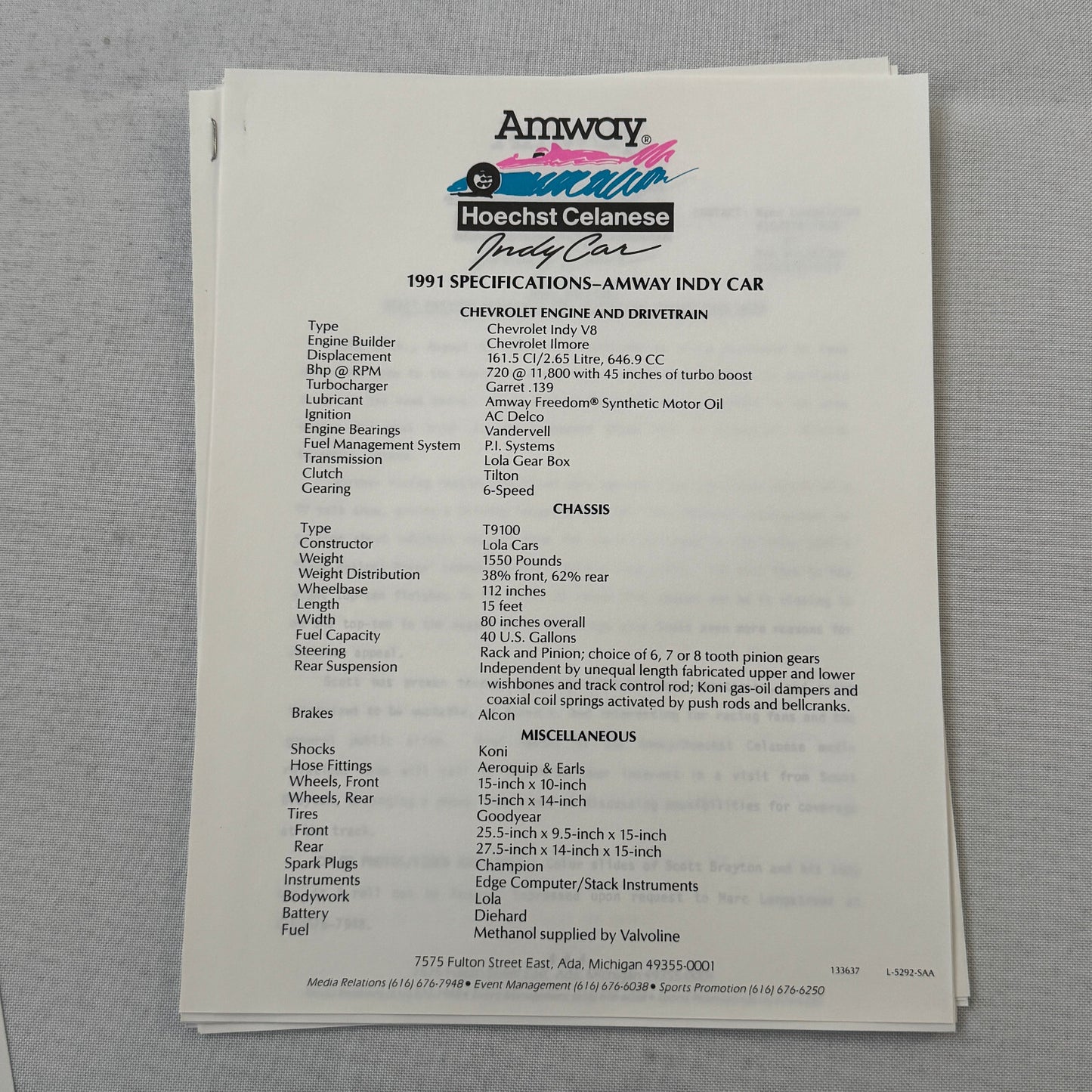 1991 Amway Indy Car Racing Press Kit Brochure Vintage Scott Brayton Driver