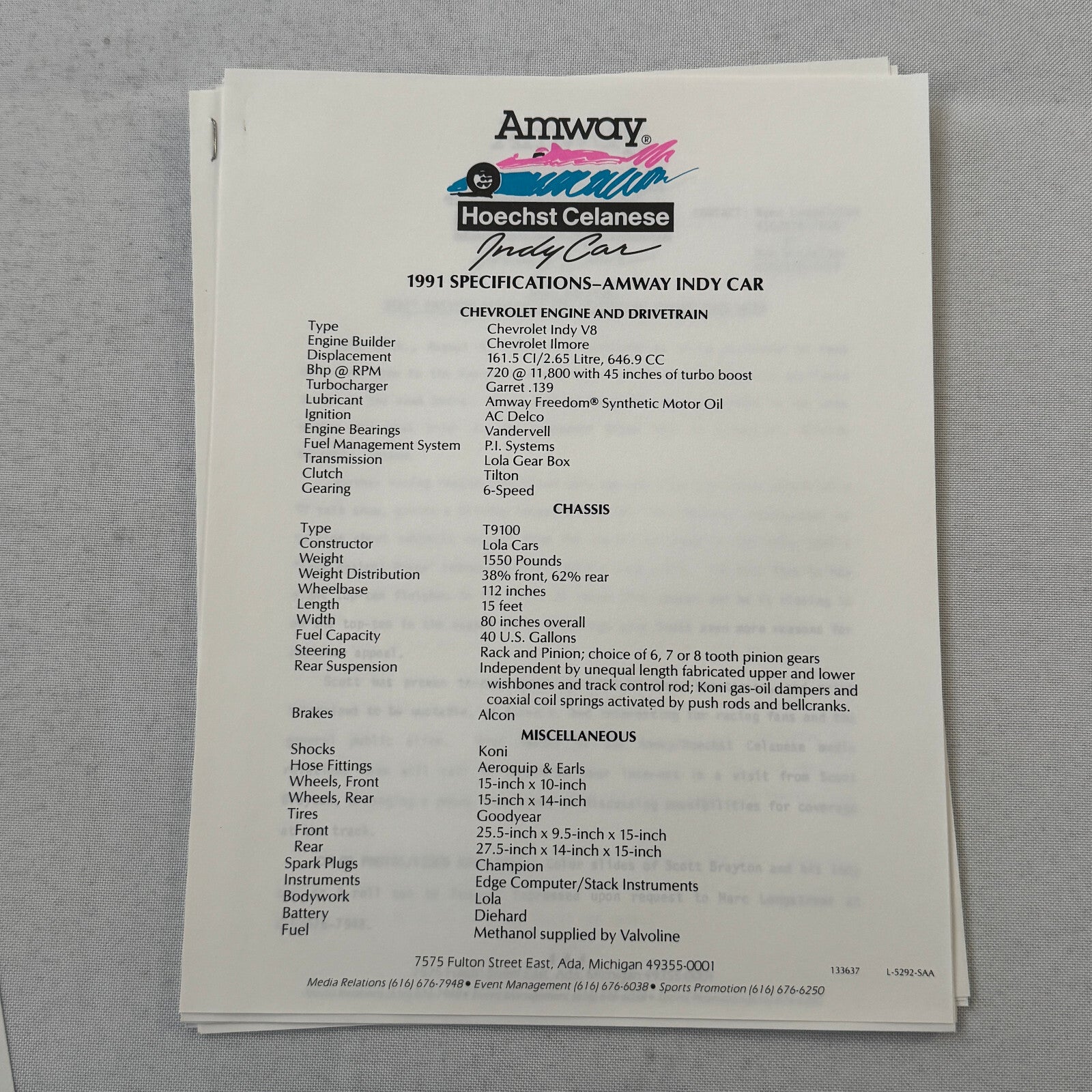 1991 Amway Indy Car Racing Press Kit Brochure Vintage Scott Brayton Driver