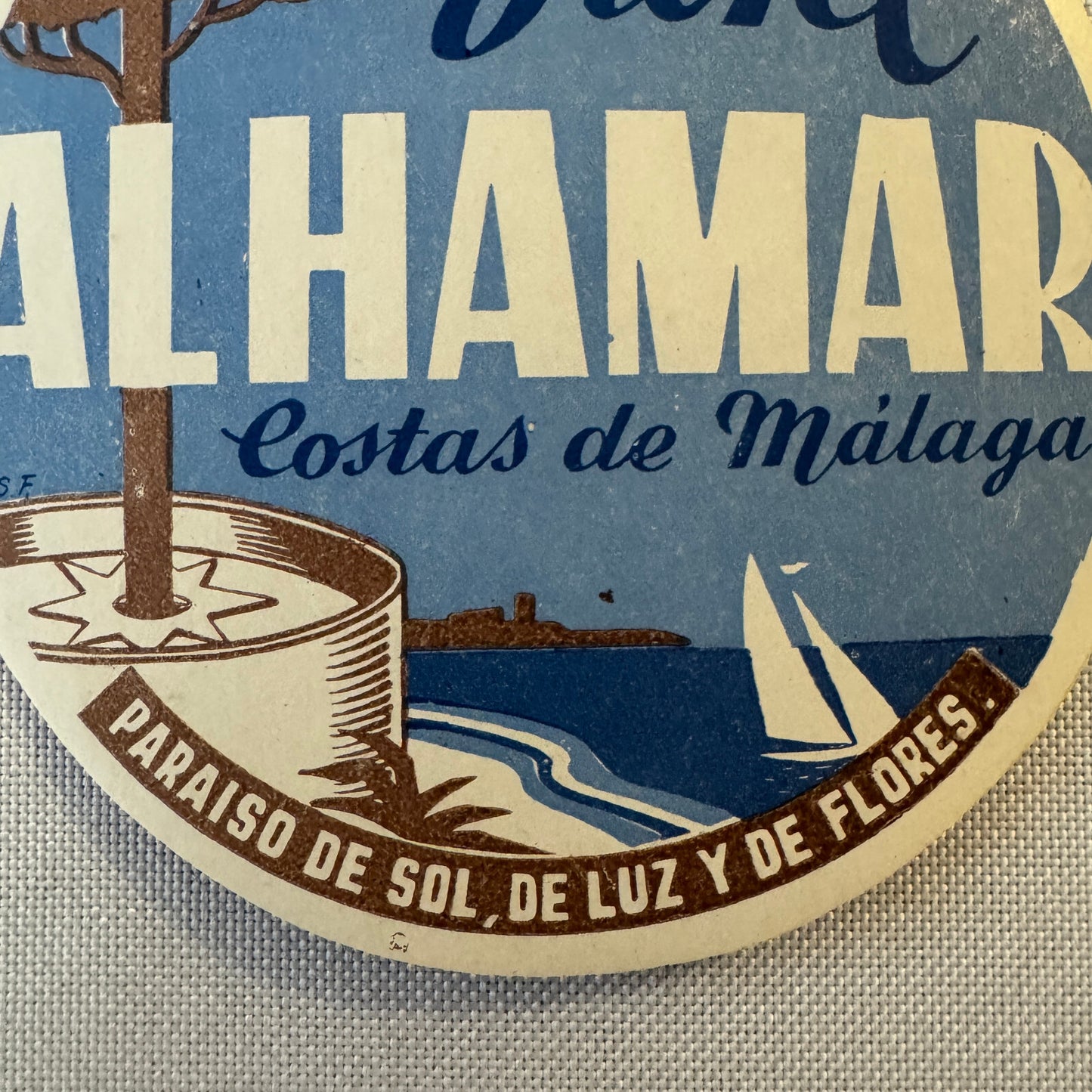 Vintage Hotel Travel Luggage Label Hotel Al Hamar Malaga Spain Espana Spanish