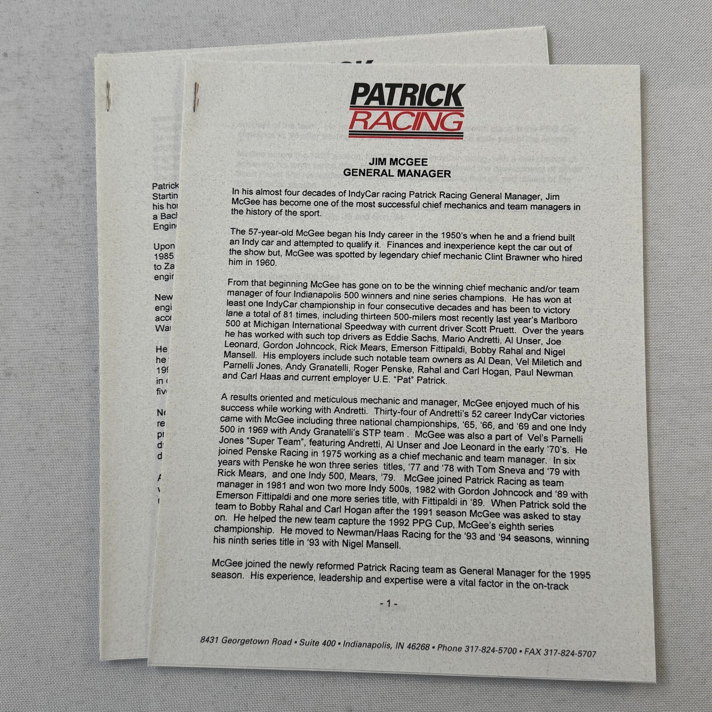 1996 Patrick Racing Press Kit Scott Pruitt IndyCar Vintage Brochure Photos