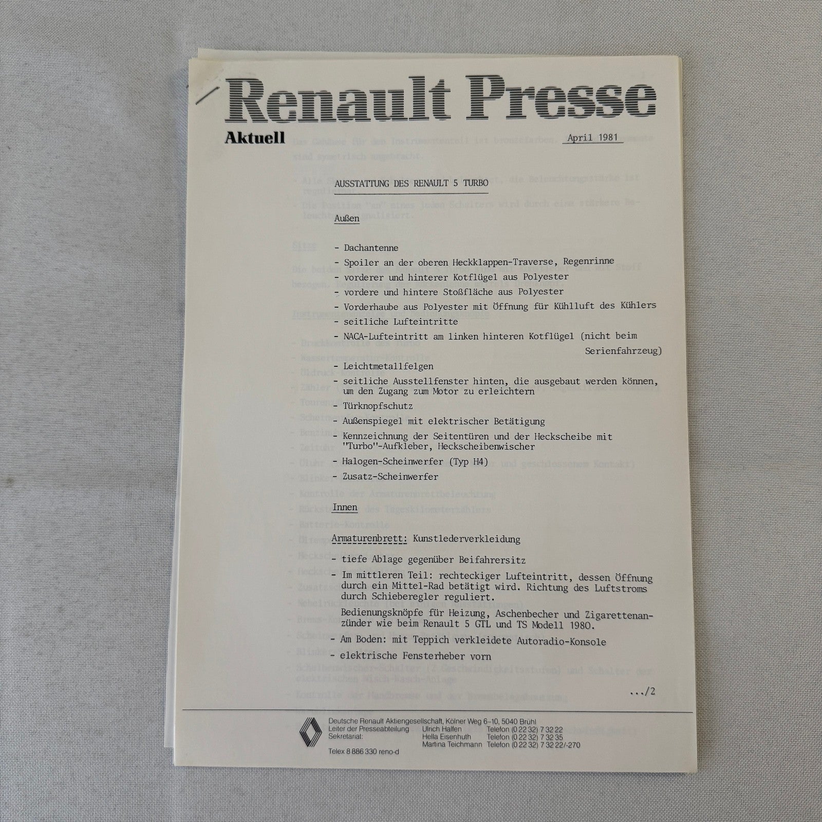 Renault 5 Turbo Car Factory Press Kit Photos Folder Hot Hatch GERMAN