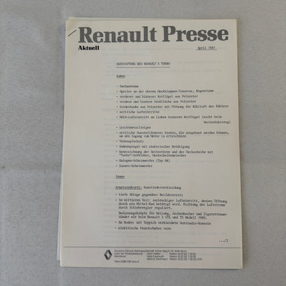 Renault 5 Turbo Car Factory Press Kit Photos Folder Hot Hatch GERMAN