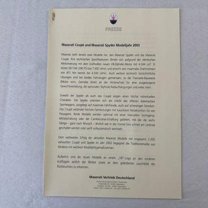 2003 Maserati Coupe & Maserati Spyder Press Kit Brochure Photo CD