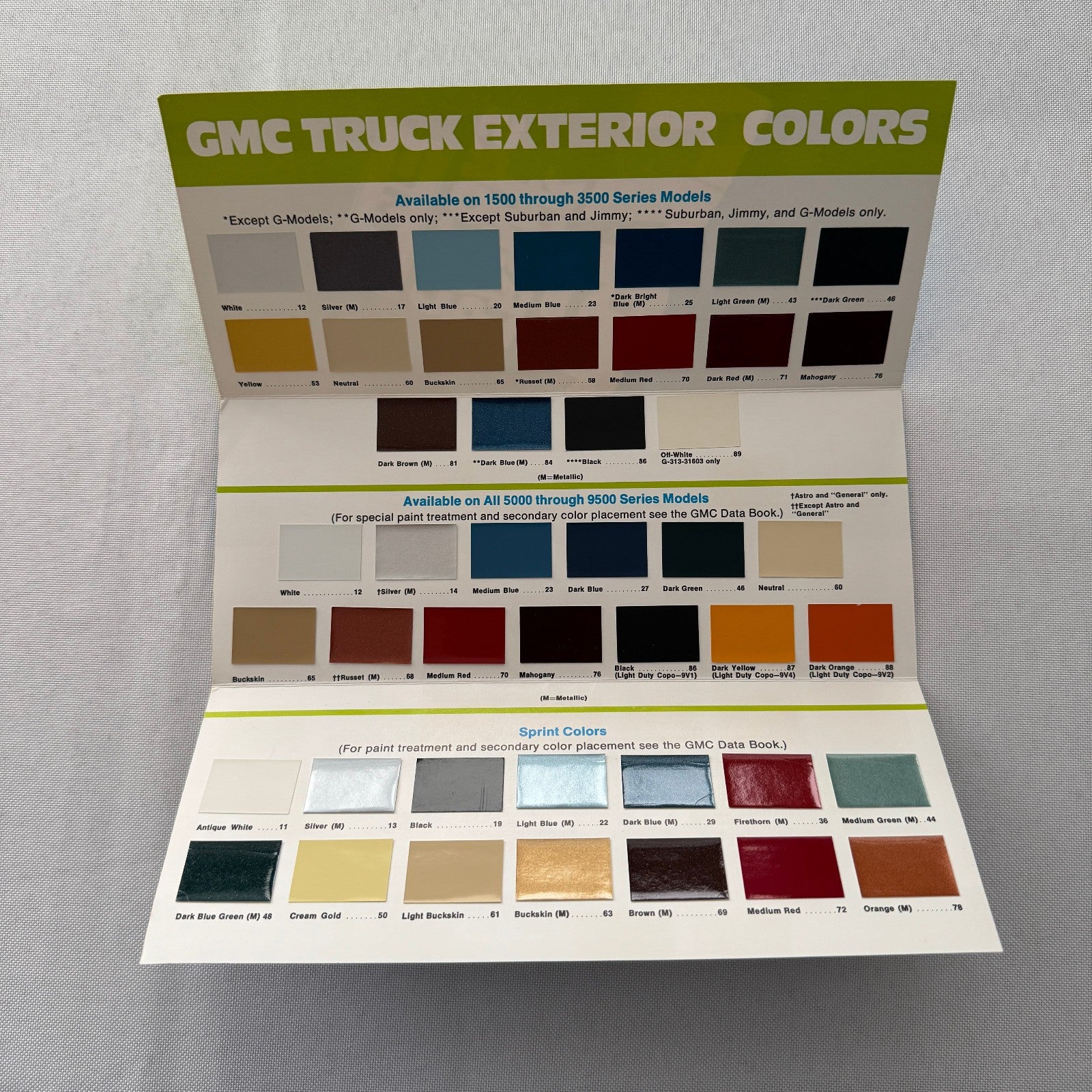 1977 GMC Truck Paint Chip Exterior Color Brochure Jimmy Pickup Suburban Van